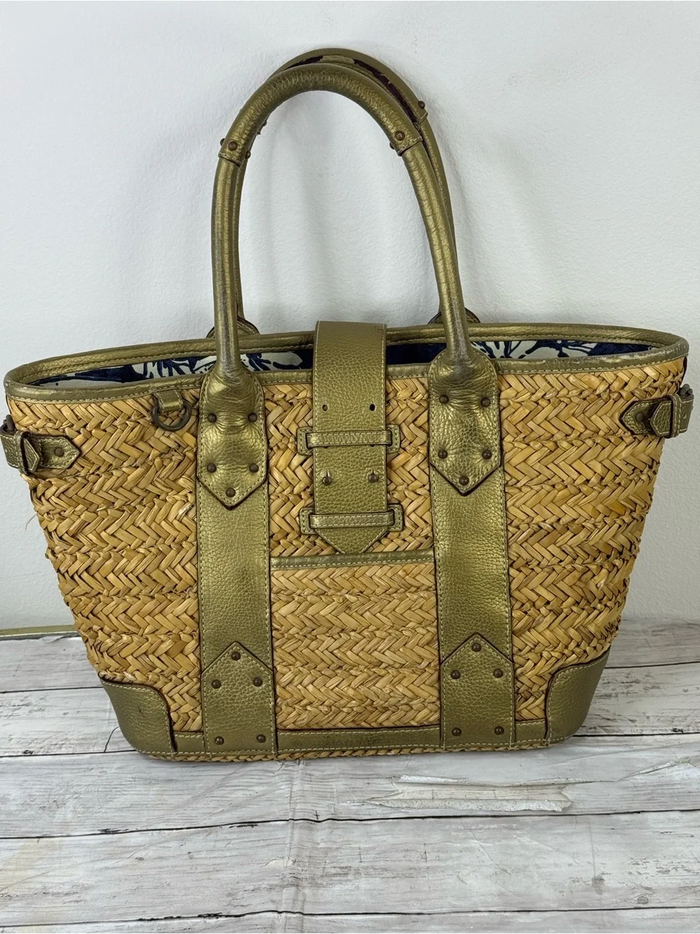 J. Crew Straw Tote with Metallic Gold Trim and Navy Interior